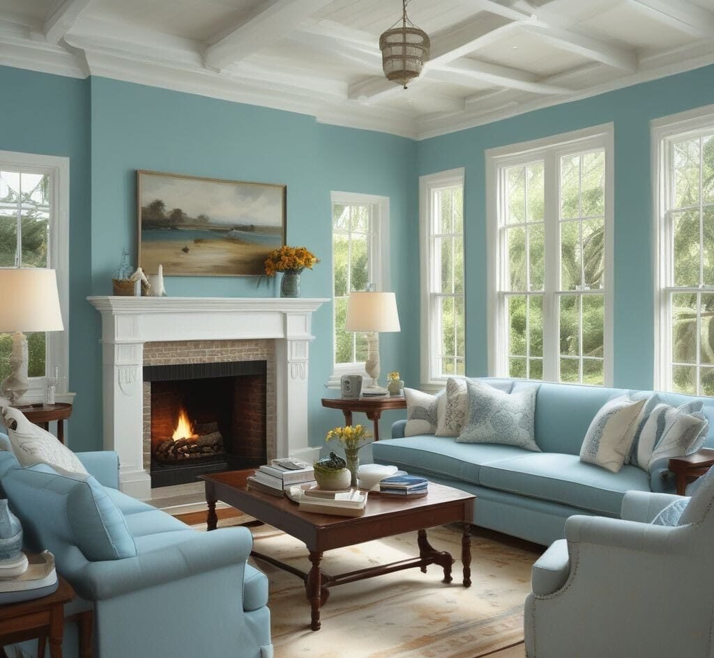 Imagem de uma sala moderna com decoração de sala em pintura azul claro, destacando elementos de decoração para sala que otimizam espaços pequenos. A decoração de sala pequena utiliza móveis funcionais e cores neutras, criando harmonia com o azul, ideal para quem busca uma decoração de casa aconchegante e estilosa. Este espaço reflete tendências em decoração de sala moderna, combinando conforto e elegância.