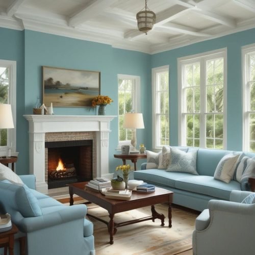 Imagem de uma sala moderna com decoração de sala em pintura azul claro, destacando elementos de decoração para sala que otimizam espaços pequenos. A decoração de sala pequena utiliza móveis funcionais e cores neutras, criando harmonia com o azul, ideal para quem busca uma decoração de casa aconchegante e estilosa. Este espaço reflete tendências em decoração de sala moderna, combinando conforto e elegância.